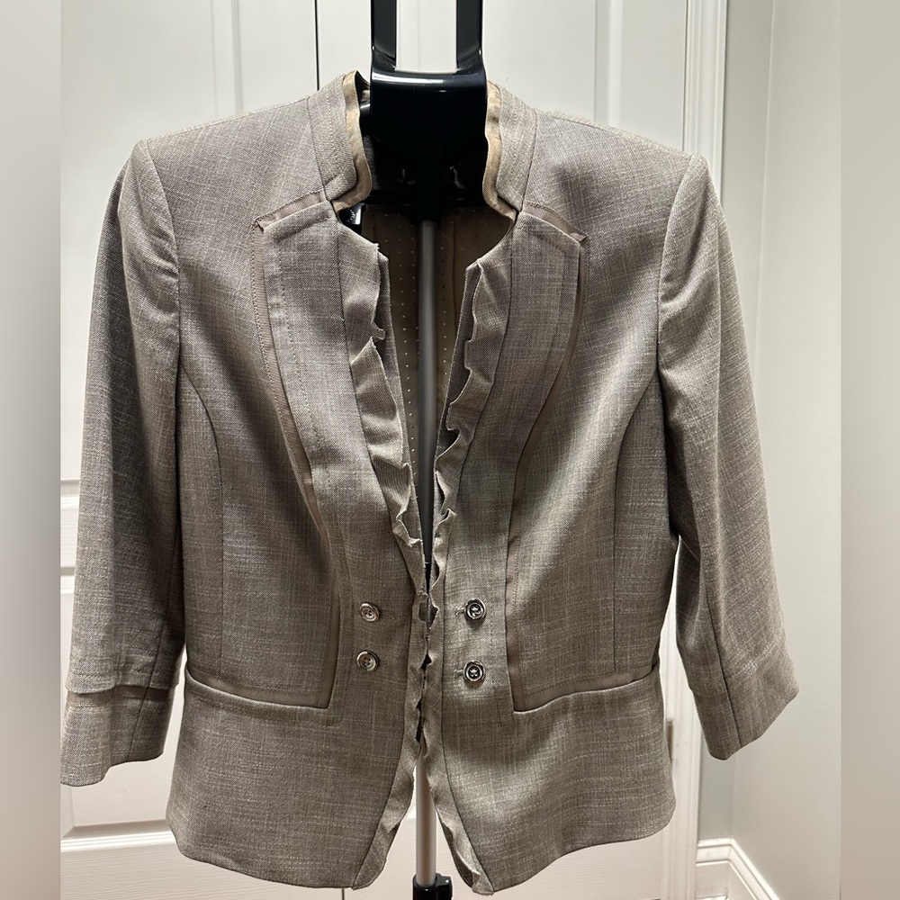 White House Black Market Taupe Blazer with Ruffle Trim